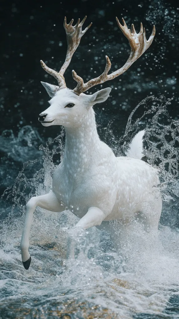 A white deer with large antlers runs through a shallow river. The deer's coat is fluffy, and the water is splashing around it, creating a mist. The deer's face is turned slightly to the left, and it has a calm, almost peaceful expression. The background is dark and blurred, giving the deer a sense of prominence in the image. The overall feel of the image is one of serenity and beauty.