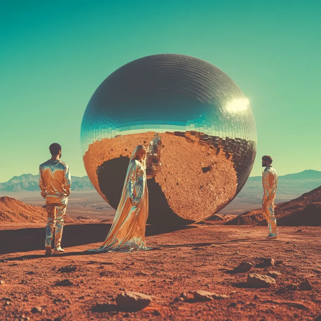 Three figures stand in a desert landscape, silhouetted against a giant, mirrored sphere.  The sphere reflects the surrounding desert, creating a surreal and otherworldly atmosphere. The figures are dressed in futuristic attire, suggesting a connection to a science fiction setting. The image evokes themes of exploration, isolation, and the unknown.