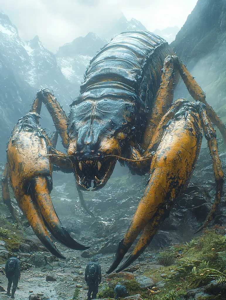 A monstrous, crab-like creature, with a dark blue exoskeleton and yellow claws, towers over two tiny figures standing on a rocky path. The creature's menacing, sharp teeth are visible, and its massive claws appear poised to strike. The background is a hazy, misty mountain range.
