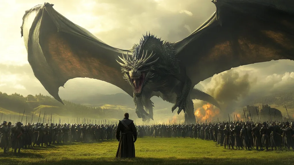 A massive, fire-breathing dragon with large wings hovers above a field where a large army stands in formation. The dragon's presence looms over the soldiers, its fiery breath illuminating the scene. A lone figure stands in front of the army, facing the dragon, seemingly unafraid. The scene evokes a sense of epic battle and impending doom.
