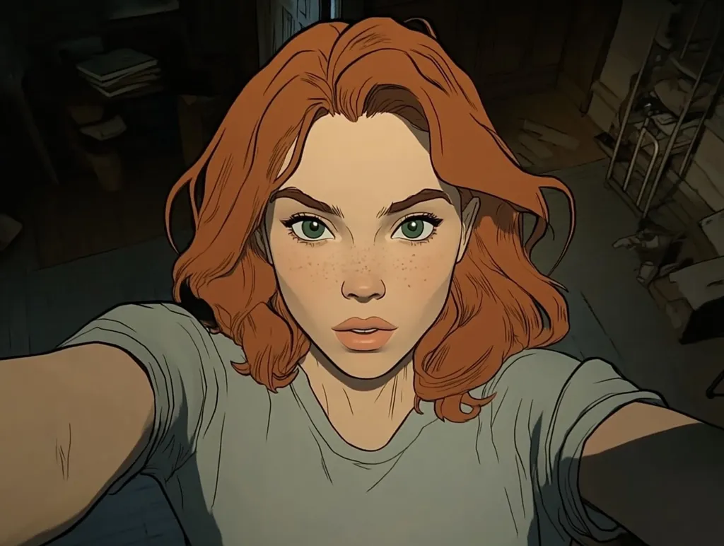 A young woman with auburn hair and green eyes stares intensely at the viewer, her expression a mix of concern and determination. She is dressed in a simple gray t-shirt and is positioned in a dimly lit room. Her face is slightly out of focus, creating a sense of mystery and intrigue. The image captures a moment of uncertainty and anticipation, leaving the viewer to wonder about the situation at hand.