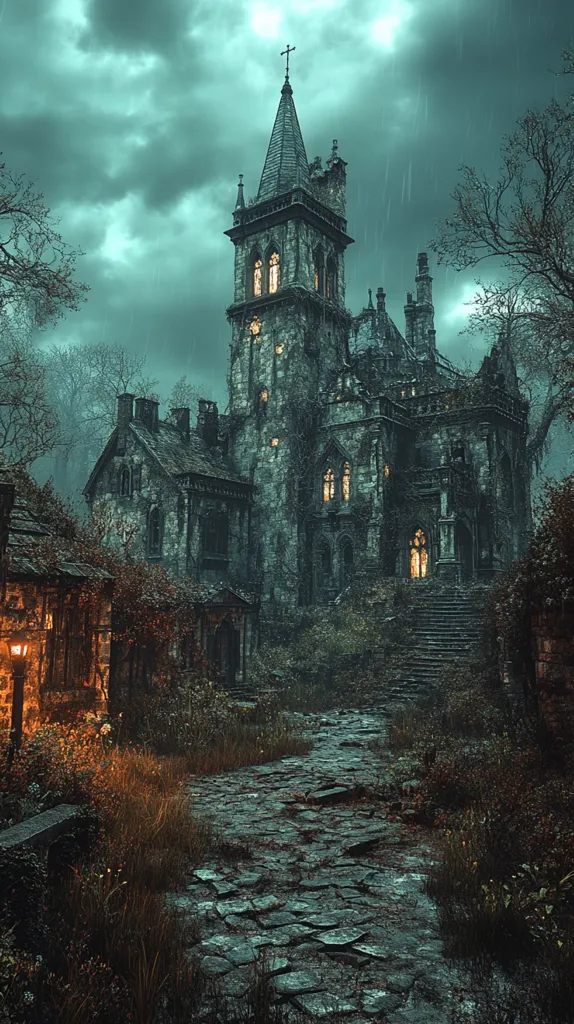 A gothic-style manor with a tall steeple rises amidst a dark, stormy sky. Rain falls in sheets, and the ground is covered in overgrown foliage.  A stone path leads away from the manor, toward a looming forest.  The image evokes a sense of mystery and intrigue, suggesting a history of secrets and forgotten tales.