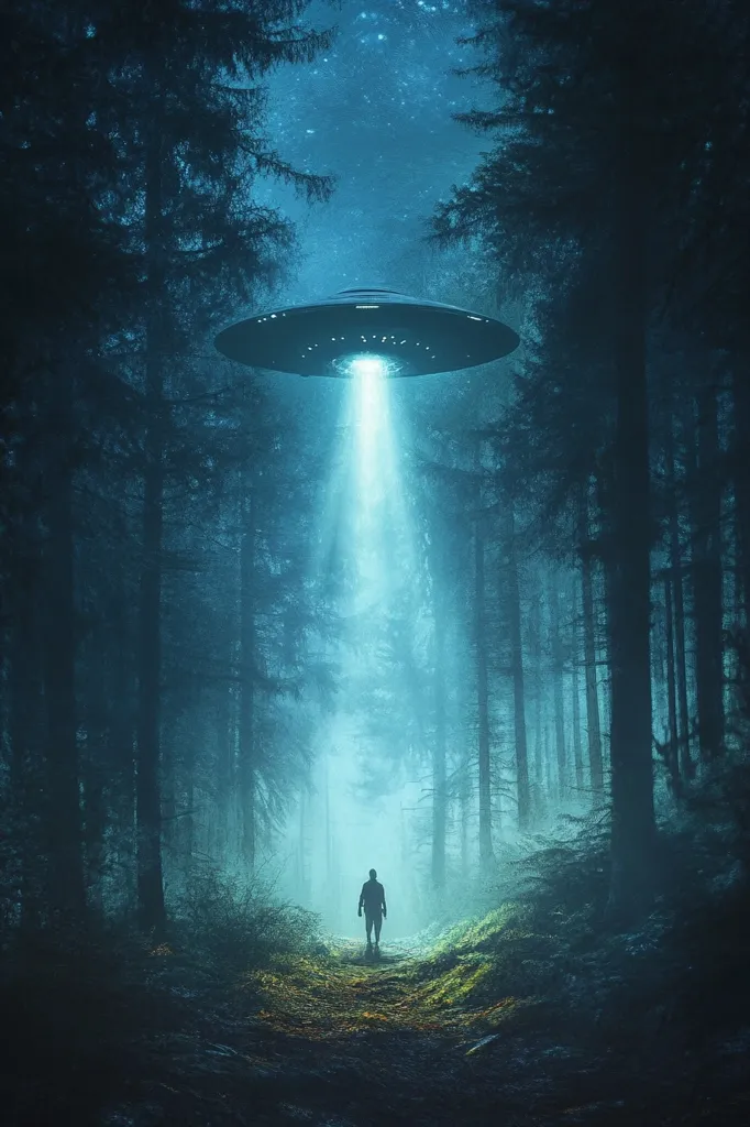 A lone figure stands in a misty forest, gazing upwards at a large, hovering UFO. The bright light from the craft illuminates the trees and the ground, creating a surreal and otherworldly atmosphere. The scene is both mysterious and intriguing, hinting at a possible encounter between humans and extraterrestrial life. The dark silhouettes of the trees and the figure add to the sense of mystery.