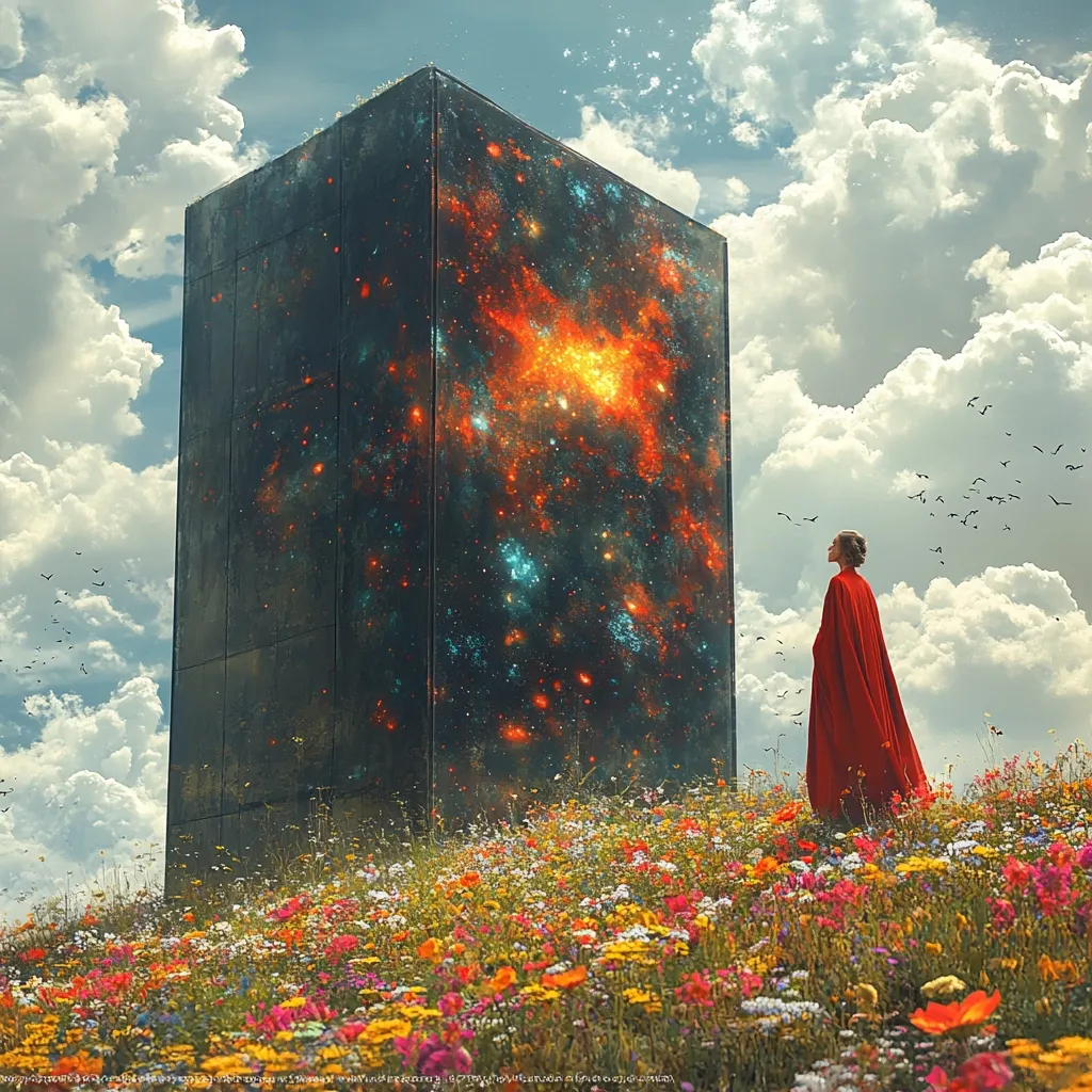 A tall, rectangular structure stands amidst a field of vibrant wildflowers. The structure's surface is a dark, textured canvas adorned with a swirling nebula of colors. A woman in a flowing red cape gazes up at the structure, her silhouette outlined against the backdrop of a dreamy, cloudy sky. Birds flit through the air, adding to the ethereal and mystical ambiance. The scene evokes a sense of awe and wonder, suggesting a profound connection between the natural world and the cosmos.