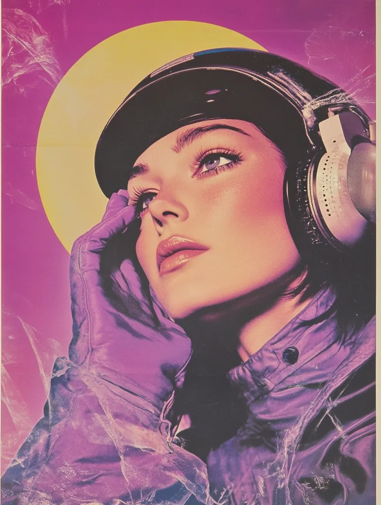 The image features a woman wearing a black helmet and large headphones, her face is partly obscured by a purple glove. The background is a vibrant pink with a yellow circle, with a purple translucent overlay. The image has a retro, futuristic aesthetic. The woman's expression is enigmatic, suggesting a sense of mystery and intrigue.
