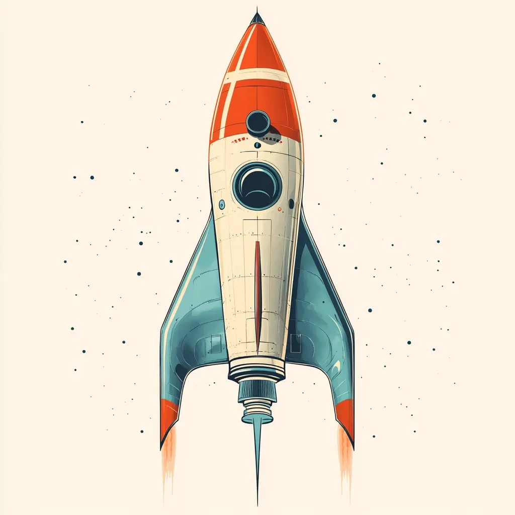 A vintage-style rocket ship with a white body, blue fins, and an orange nose cone is depicted against a white background. The rocket is in mid-flight, with flames trailing from its engine. The background is dotted with small black circles that create a sense of space. The illustration is reminiscent of classic science fiction art.