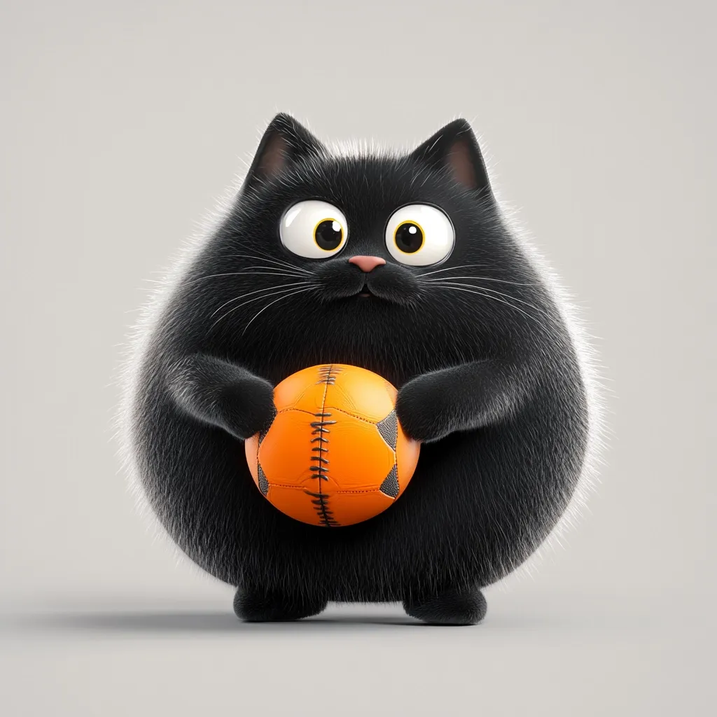 A round, black cat with large, cartoonish eyes holds an orange ball in front of it. The cat has a fluffy, almost spherical body and looks slightly perplexed. It's against a plain gray background. The image is likely from a children's animation or cartoon.