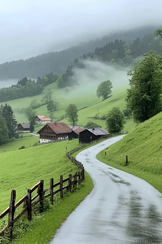 A winding road leads through a picturesque valley, flanked by rolling green hills and a wooden fence.  The scene is dominated by soft, mist-laden clouds that shroud the distant forested slopes.  A few charming houses dot the landscape, adding a touch of warmth to the serene atmosphere.  The soft light and gentle mist create a peaceful and ethereal ambiance.