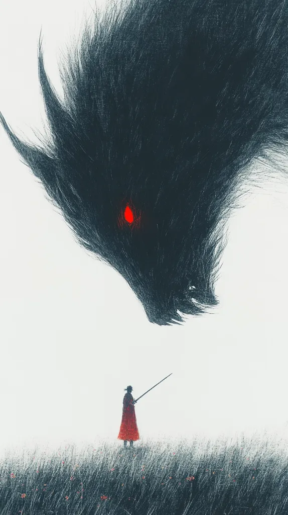 A large, shadowy beast with one glowing red eye looms over a small figure in red standing in a field of grass. The figure holds a spear, ready to face the approaching threat. The image evokes a sense of impending danger and the bravery of a lone hero against overwhelming odds.