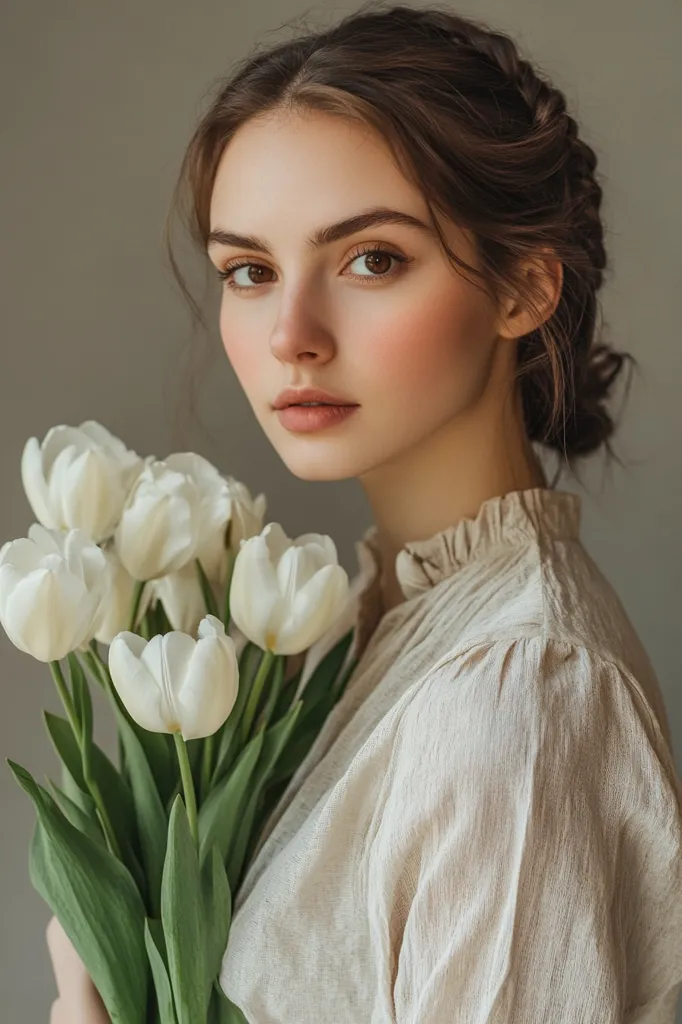 A young woman with long brown hair styled in a braid holds a bouquet of white tulips. She is wearing a light brown, ruffled, long-sleeved blouse. Her eyes are brown, and her lips are a light pink. The background is a plain, light gray. The image has a soft, romantic feel.