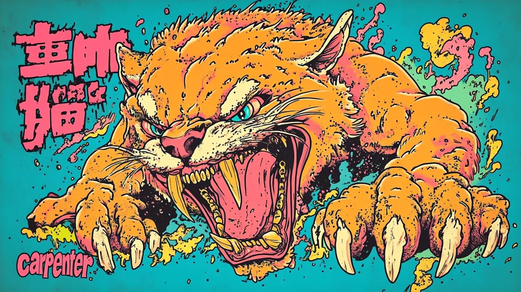 The image is a cartoon illustration of a snarling, orange tiger with sharp claws and teeth. The tiger is set against a bright blue, green, and yellow background with splattered paint. The tiger's mouth is open, revealing its sharp teeth and pink tongue. The text "Carpenter" is written at the bottom left corner of the image. The overall style is vibrant and playful, with a touch of aggression.