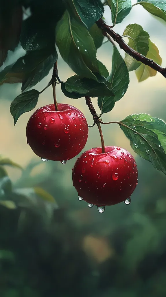 Two bright red apples hang from a branch, their surfaces glistening with raindrops. Lush green leaves frame the apples, creating a vibrant contrast. The blurred background suggests a peaceful, natural setting. The image evokes a sense of freshness and tranquility.