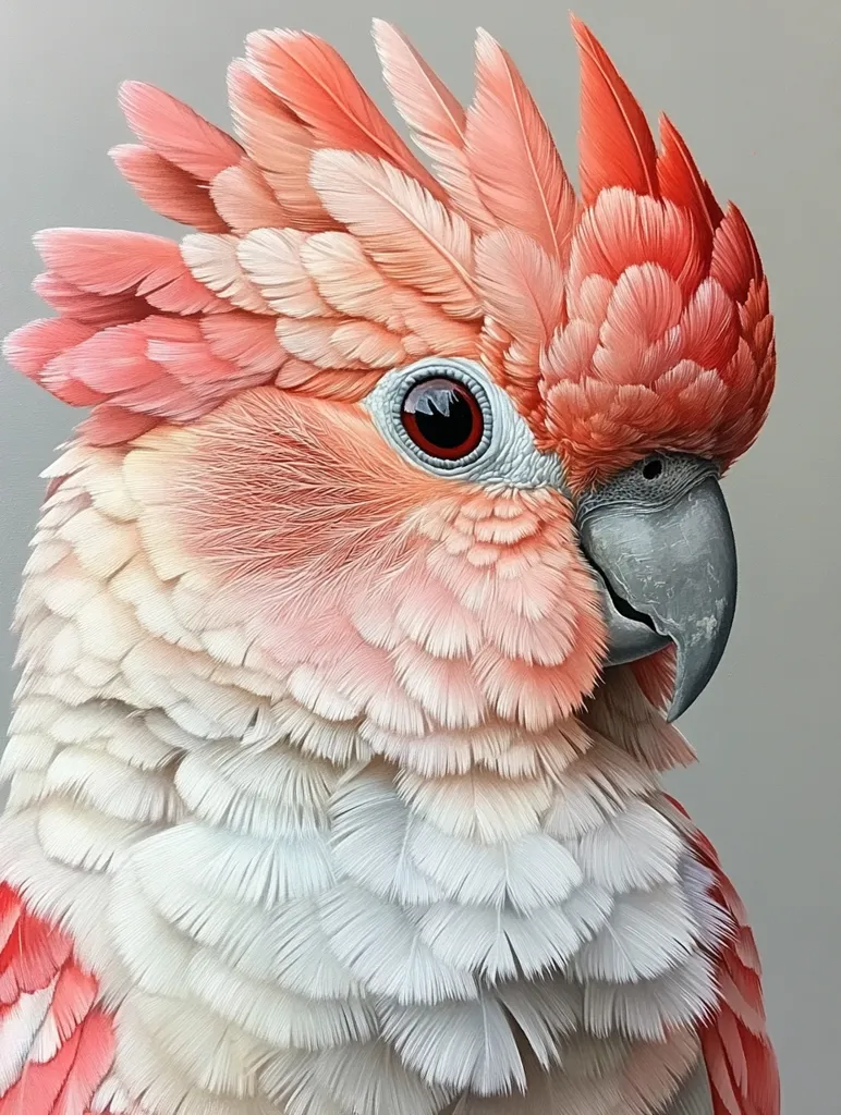 A close-up portrait of a pink cockatoo. The bird's feathers are soft and delicate, with shades of pink and white. Its eye is dark and piercing, and its beak is gray. The background is a neutral gray. The image is a study in the beauty and detail of avian plumage.