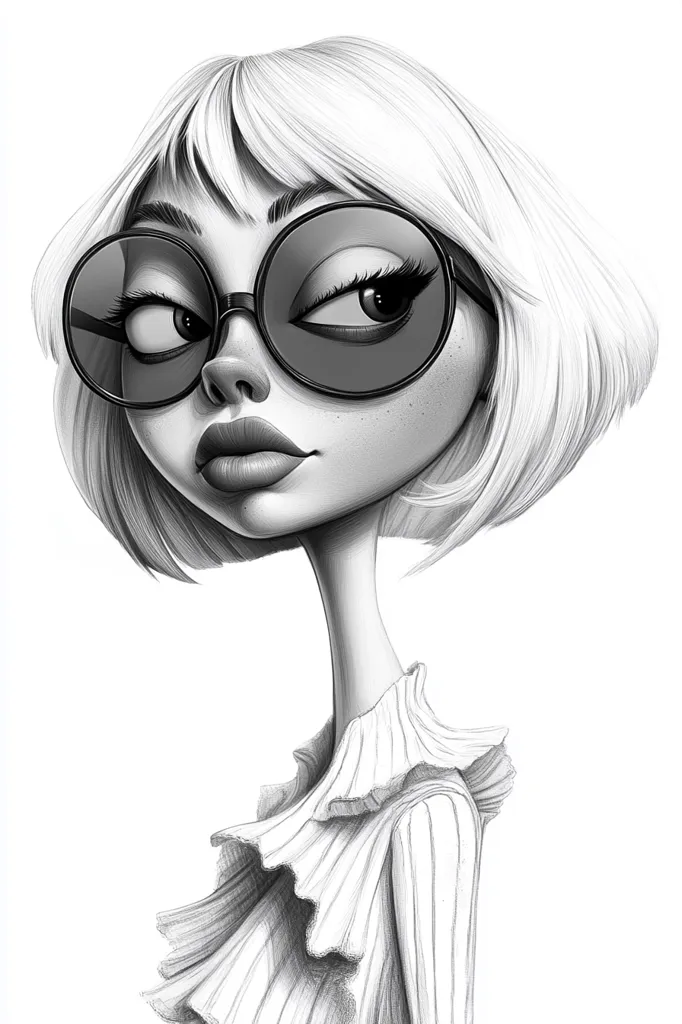 A black and white drawing of a woman with a short bob hairstyle. She's wearing large, round, black sunglasses and a ruffled sweater. Her expression is serious and slightly aloof, and her pose is relaxed and confident. The drawing is done in a style that is both realistic and stylized, capturing the woman's personality and sense of fashion.