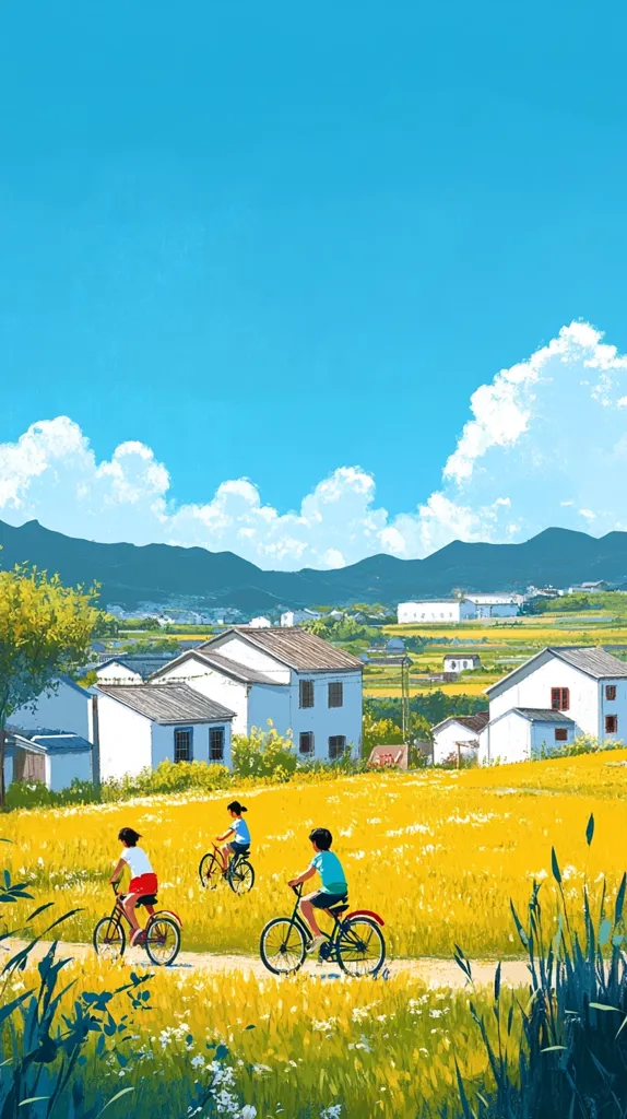 A picturesque scene of a summer day in a countryside village. Four people are riding bicycles on a dirt road that runs through a field of yellow wildflowers. In the background, white houses with red roofs are nestled against a backdrop of blue mountains and a bright blue sky dotted with fluffy white clouds. The image evokes a sense of peace and tranquility.