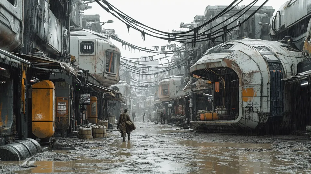 The image depicts a futuristic, urban cityscape, likely from a science fiction setting. The narrow street is lined with imposing, metallic buildings, some resembling docked spaceships. Wires and cables crisscross overhead, adding to the sense of industrial complexity. The street is flooded with muddy water, suggesting recent rainfall. A lone figure walks in the distance, their silhouette adding a sense of isolation and mystery. The scene evokes a sense of both awe and unease, hinting at a world both technologically advanced and potentially dangerous.
