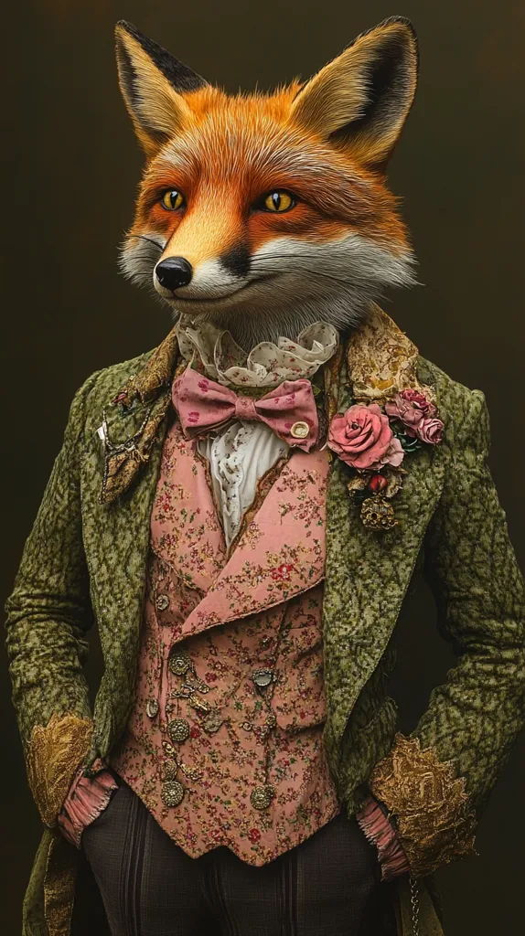 A red fox dressed in a lavish green and pink suit. He wears a pink bowtie, a floral vest, and a green jacket with gold trim. A pink rose is pinned to the jacket. He is looking directly at the camera with a sly smile. His fur is soft and fluffy. The background is a dark, muted green. The image has a whimsical and charming quality.