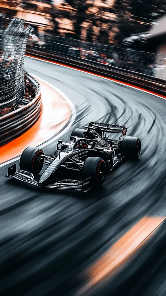 A black Formula 1 race car speeds around a corner on a race track. The background is blurred, giving a sense of motion. The car is leaning into the turn, with its wheels slightly off the ground. The track is a grey asphalt with an orange line painted around the edge. The car's black bodywork is smooth and sleek, with red accents.