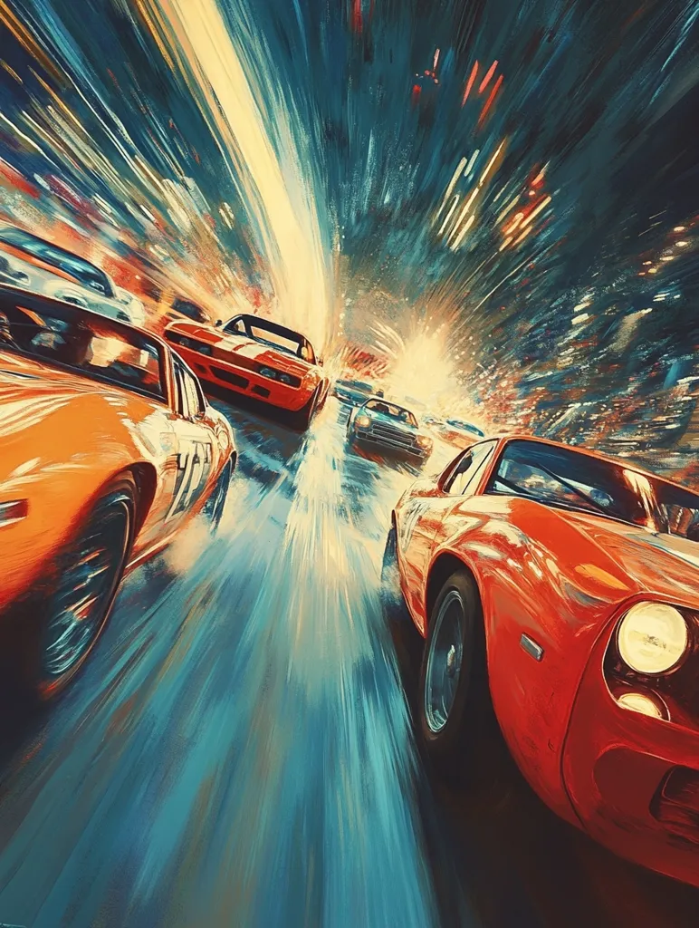 A painting depicting a line of racing cars speeding down a track. The image is in motion, with the cars blurred and streaking with color. The viewer's perspective is from within one of the cars, looking at the track ahead. The background is a blur of blue, yellow, and orange, creating a sense of speed and energy.  The painting uses bold colors and dynamic brushstrokes to capture the thrill of racing.