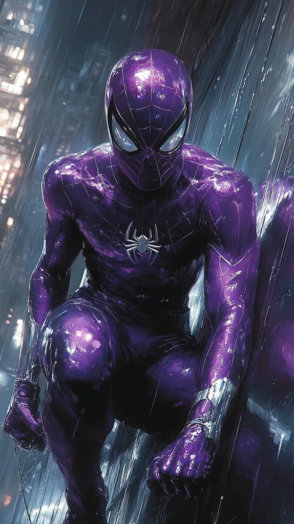 The image features a superhero in a vibrant purple suit, standing in a dark and rainy cityscape. The suit is sleek and detailed, with a spider symbol emblazoned on the chest. The character is posed in a dynamic stance, suggesting a sense of action and urgency. The dark backdrop and moody lighting create a dramatic and atmospheric setting. The superhero's expression is hidden by the mask, but their posture suggests a determined and confident presence.