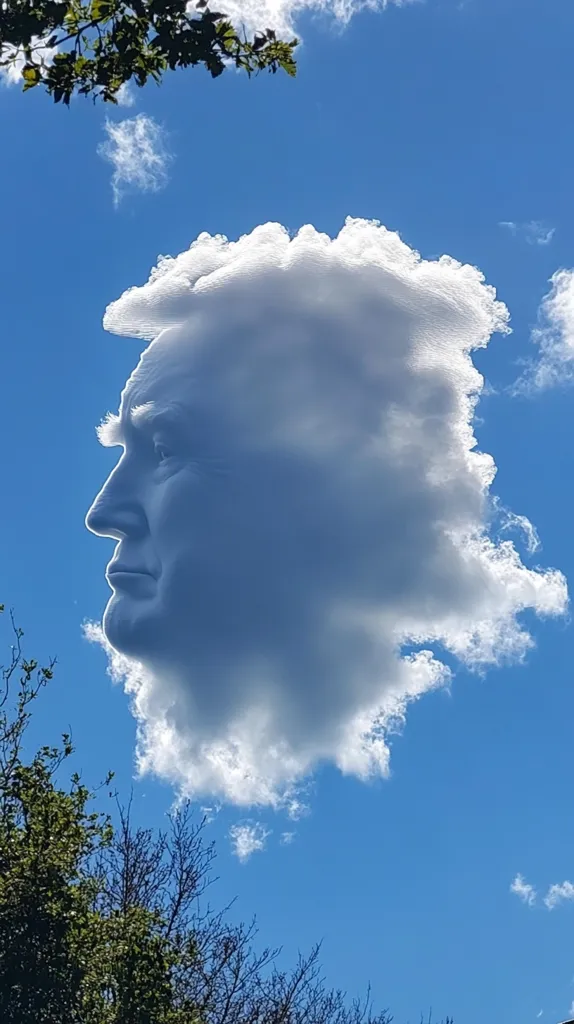 A large, white cloud in the shape of a man's face, with a prominent nose and furrowed brow, floats against a bright blue sky. The cloud is partially obscured by a few small, wispy clouds, giving it a hazy, ethereal appearance. The silhouette of a tree branch is visible in the upper left corner, providing a contrasting dark element to the otherwise light and airy scene. The image evokes a sense of wonder and mystery, as if the cloud face is gazing down at the world below.