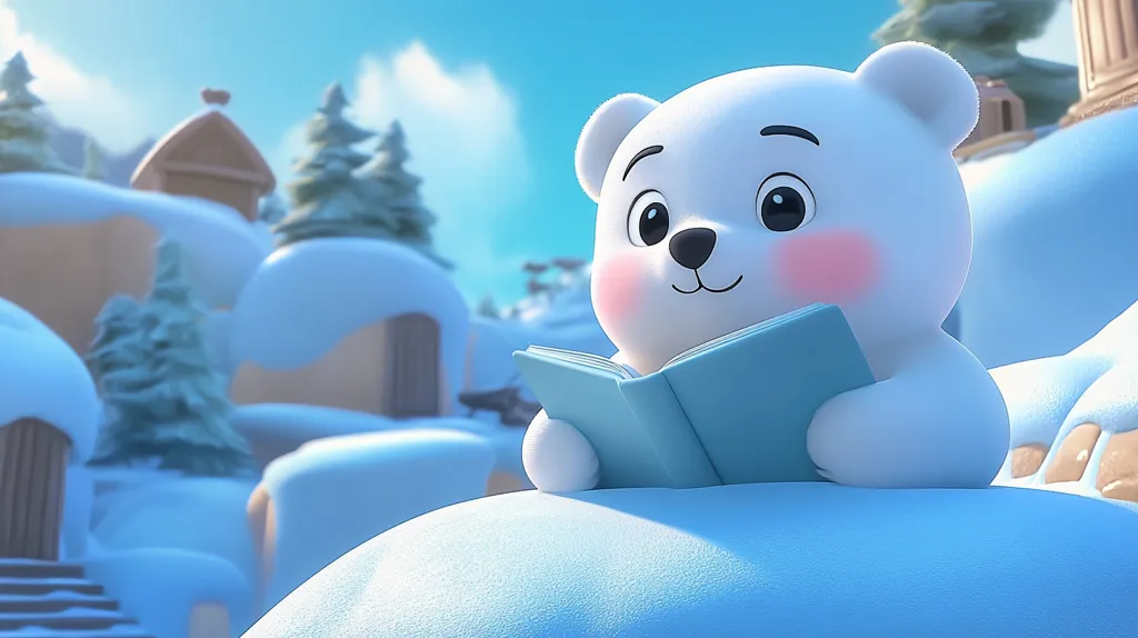 A cute, cartoon white bear with pink cheeks sits on a snowy hill and reads a light blue book. The background is a snowy landscape with trees and buildings. The bear's expression is one of focus and contentment as it enjoys its time reading.