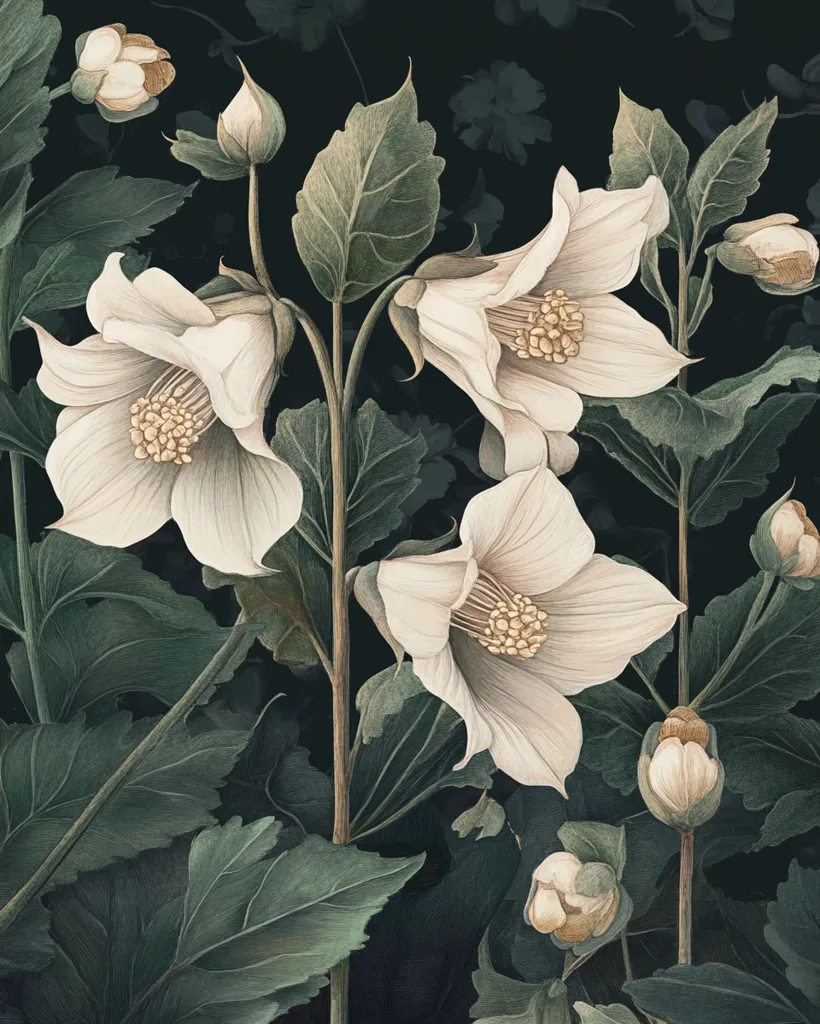 A close-up of a botanical illustration depicting white bell-shaped flowers blooming against a dark green background. Lush foliage, intricate detail, and a sense of delicate beauty are evident in the artwork. The image captures the elegance of nature's floral designs.