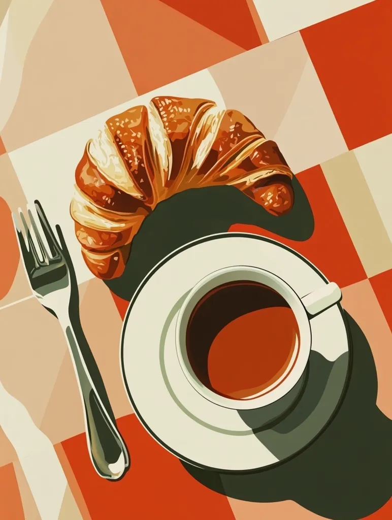 A top-down view of a breakfast table setting with a croissant, a cup of coffee, and a fork. The items are arranged on a red and white checkered tablecloth. The croissant is golden brown and flaky, while the coffee is dark and steaming. The fork is silver and shiny. The image is a simple but elegant representation of a classic breakfast.