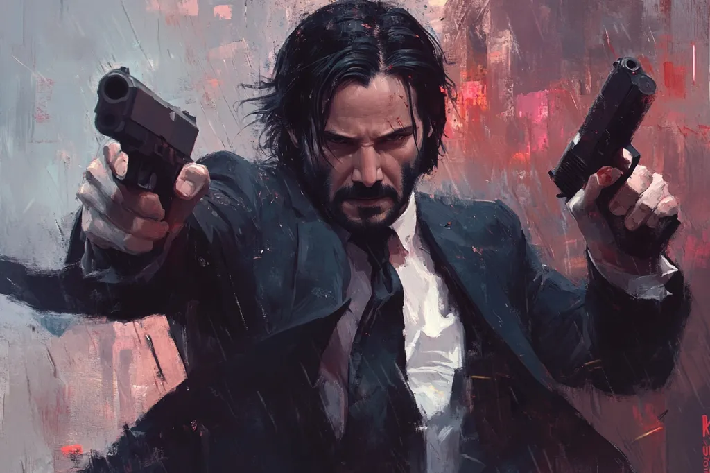 The image is a painting of Keanu Reeves as John Wick. He is dressed in a black suit and tie, with a determined expression on his face. He is holding two guns, one in each hand, and he is standing in front of a blurred background. The painting has a gritty, stylized look.