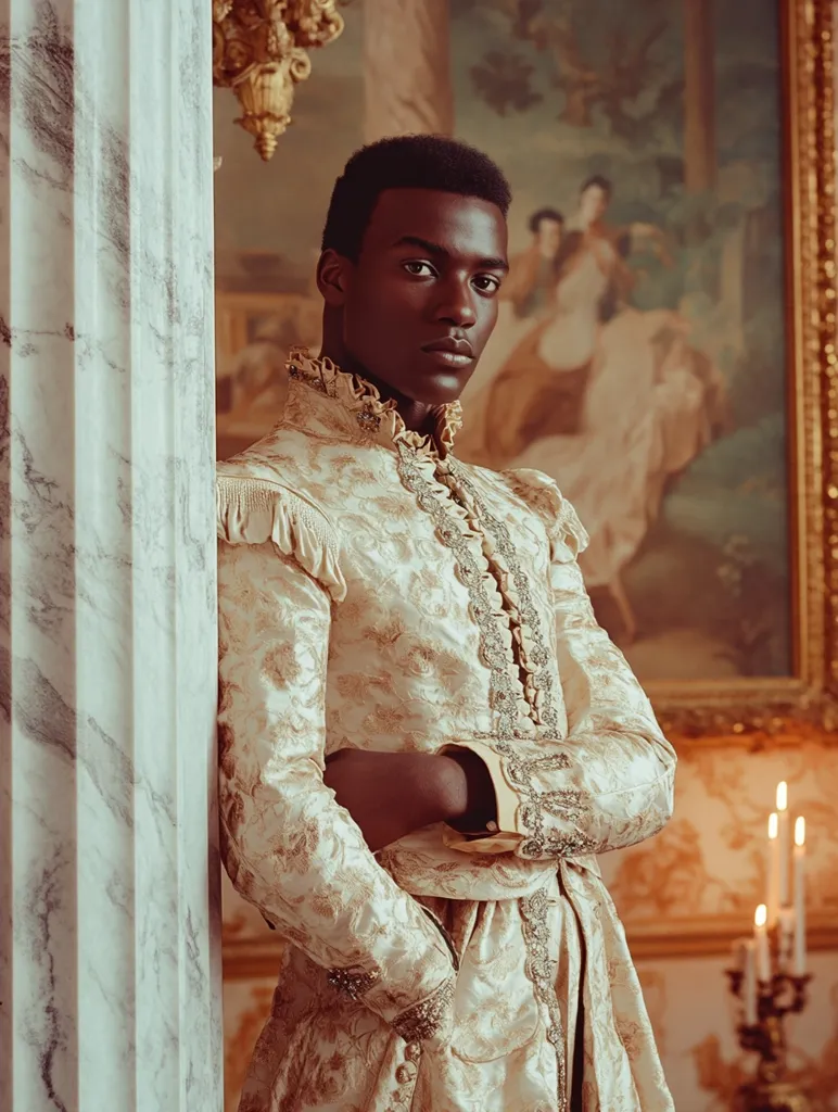 A young black man with short hair, wearing a lavish white and gold brocade suit, stands with his arms crossed, leaning against a marble column in an ornate room. Behind him is a large painting of a couple in a formal setting. The room has a warm, candlelit atmosphere and hints of luxury. The image evokes a sense of history and grandeur.
