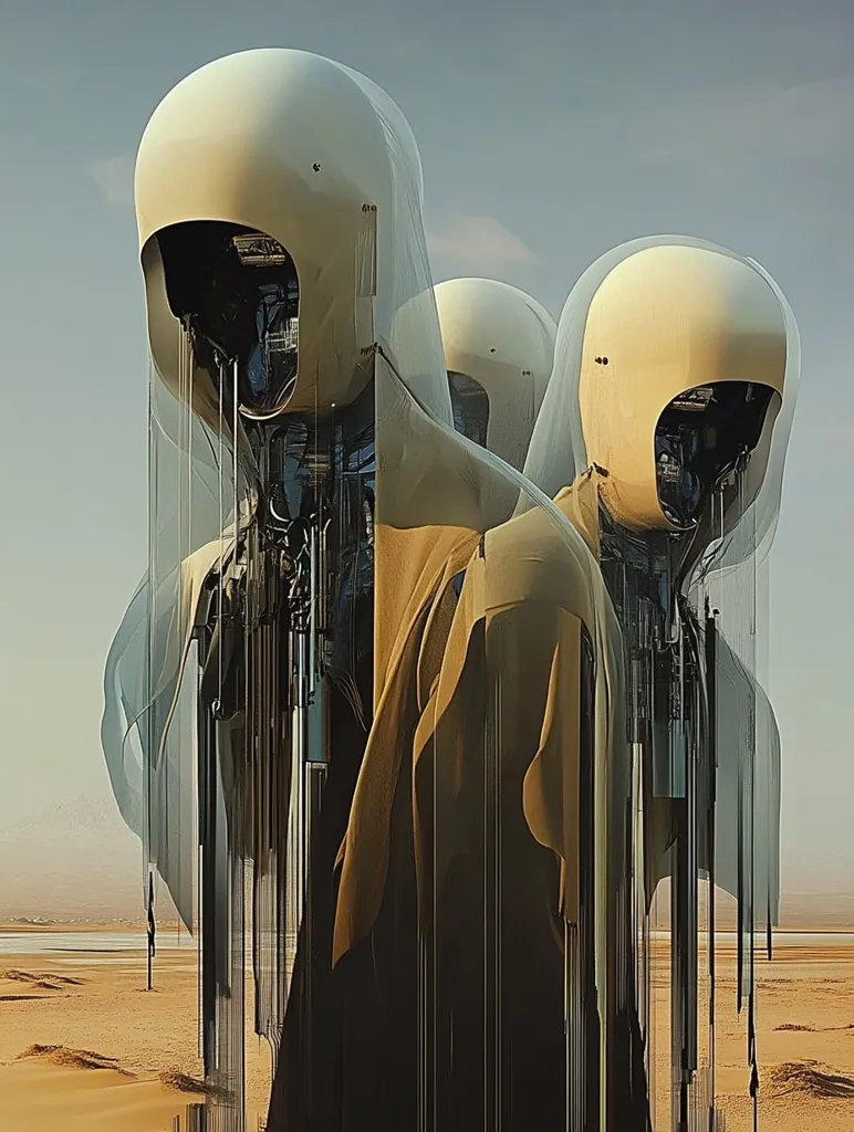 Three humanoid figures stand in a desert landscape. Their heads are covered in white helmets, and their bodies are covered in flowing robes. The figures are made up of a complex network of lines and shapes, giving them a futuristic and otherworldly appearance. The background is a vast expanse of sand and sky, with a few mountains in the distance.