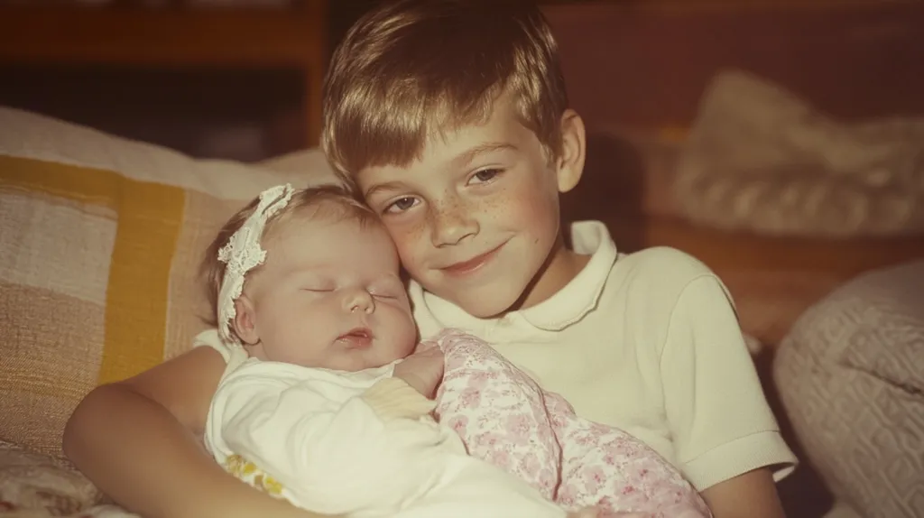 A young boy with freckles and blonde hair is holding a sleeping baby girl with a white bow in her hair. The boy is wearing a white collared shirt and smiling down at the baby, who is wearing a white dress and pink patterned blanket. The boy and baby are sitting on a checkered couch. The image has a warm, vintage feel.