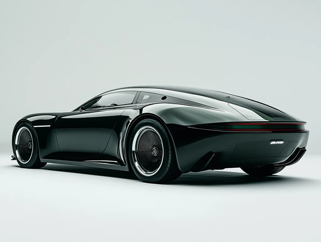 The image showcases a sleek, black sports car. The rear view highlights the car's smooth curves and aerodynamic design. The car is sitting on a white background, emphasizing its sharp lines and powerful presence. The car's black paint gleams under the studio lights.