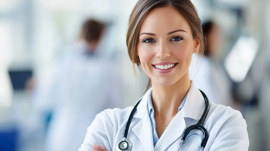 A young woman doctor, wearing a white lab coat and a stethoscope around her neck, smiles warmly at the camera. Her long brown hair frames her face, and she has a confident and friendly demeanor. The background is blurred, suggesting a professional medical setting. The image conveys a sense of professionalism, compassion, and trust, highlighting the importance of healthcare workers.