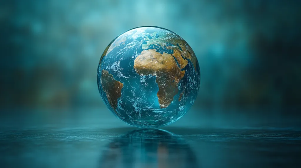 A glass globe depicting the Earth rests on a reflective, teal surface.  The globe's continents are a muted brown, while the oceans and atmosphere are a vibrant blue.  The background is a soft, out-of-focus teal, creating a sense of depth and tranquility.  The image evokes a sense of wonder and the fragility of our planet.