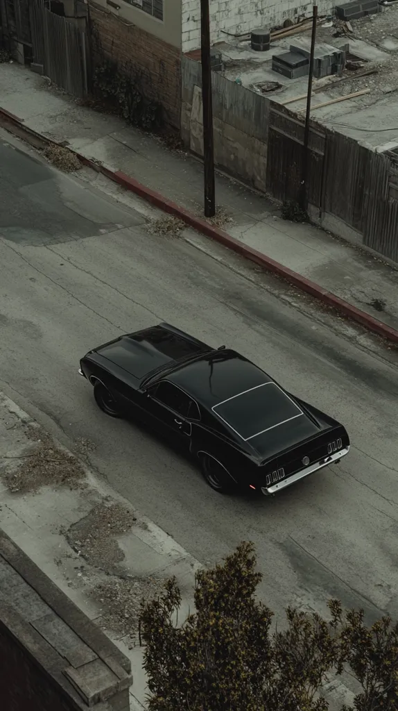 A black classic car drives down a paved street in a residential area. The car is in the center of the image and is facing away from the camera. There are buildings on either side of the street and a small tree on the right side of the image. The image is shot from a high angle and gives a sense of isolation. The street is empty with no other cars or people in sight.