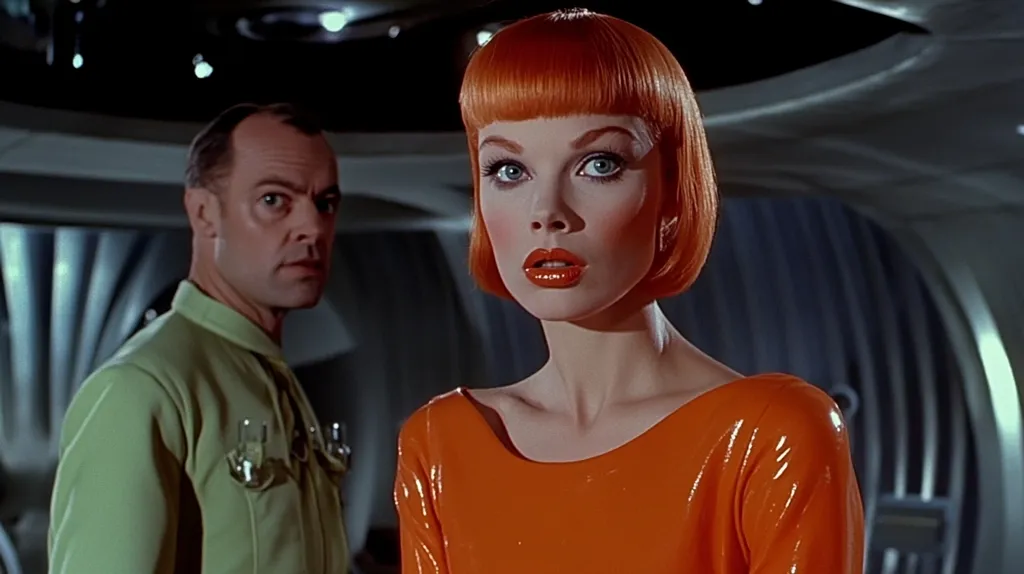 A woman with bright red hair and a bold orange dress stares intensely at the camera.  She is framed in the foreground, while a man in a green jumpsuit is slightly out of focus in the background. The setting appears to be a futuristic spaceship or laboratory. The lighting is cool and stark, emphasizing the woman's striking features and the minimalist surroundings.  The image is visually striking and suggestive of a science fiction or thriller scenario.