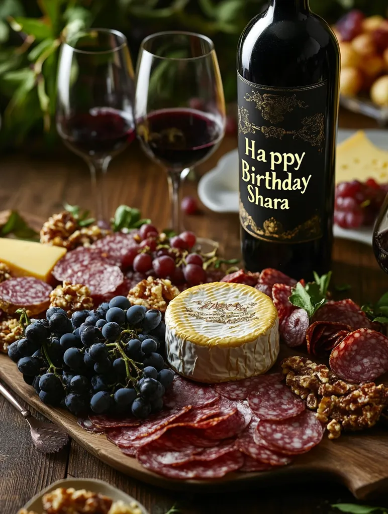 A charcuterie board is set on a wooden table. It is filled with various meats, cheeses, grapes, and walnuts. A bottle of wine with the words “Happy Birthday Shara” on the label is placed on the board. Two wine glasses filled with red wine sit in the background. The image celebrates a birthday with a festive and delicious spread.