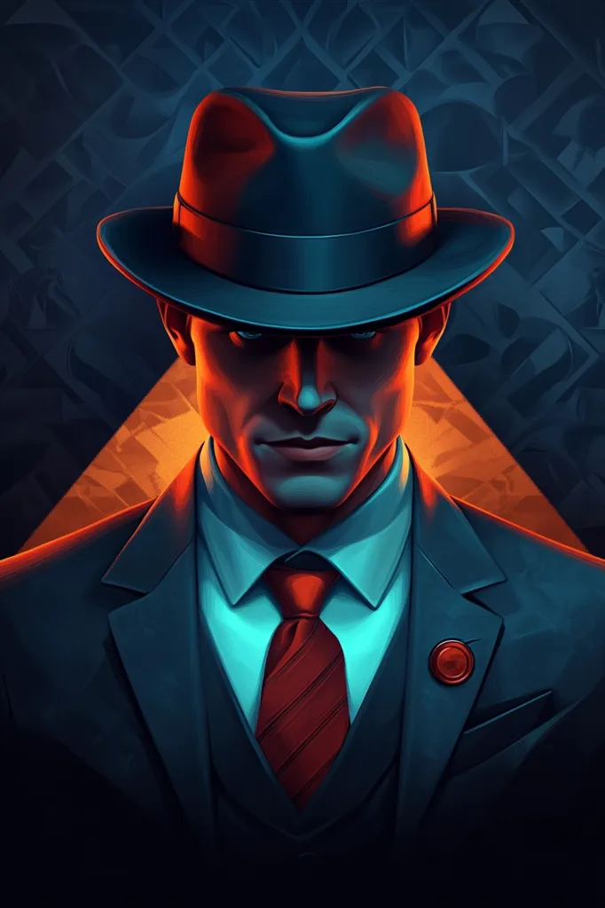 A man in a dark suit and fedora stares intently at the viewer. His expression is serious, almost menacing. He has a red tie and a red pin on his lapel. The background is dark and shadowy, creating an air of mystery and intrigue. The image evokes a sense of danger and suspense, suggesting a character involved in something clandestine.