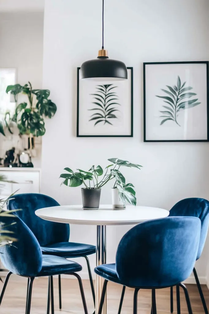 The image depicts a minimalist dining room with a white table and four blue velvet chairs.  The room is decorated with two framed black and white prints of leaves and a single black pendant light.  Two potted plants add a touch of green to the space. The room's white walls and simple furnishings create a clean and airy feel.