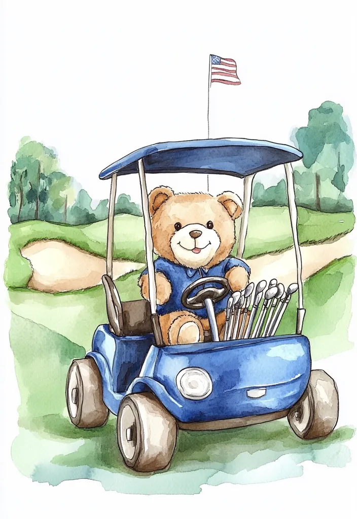A teddy bear in a blue golf cart, holding a golf club and driving across a green golf course. He is smiling and wearing a blue polo shirt. An American flag waves from a flagpole in the background. The scene is painted in watercolor and evokes a sense of lighthearted fun.
