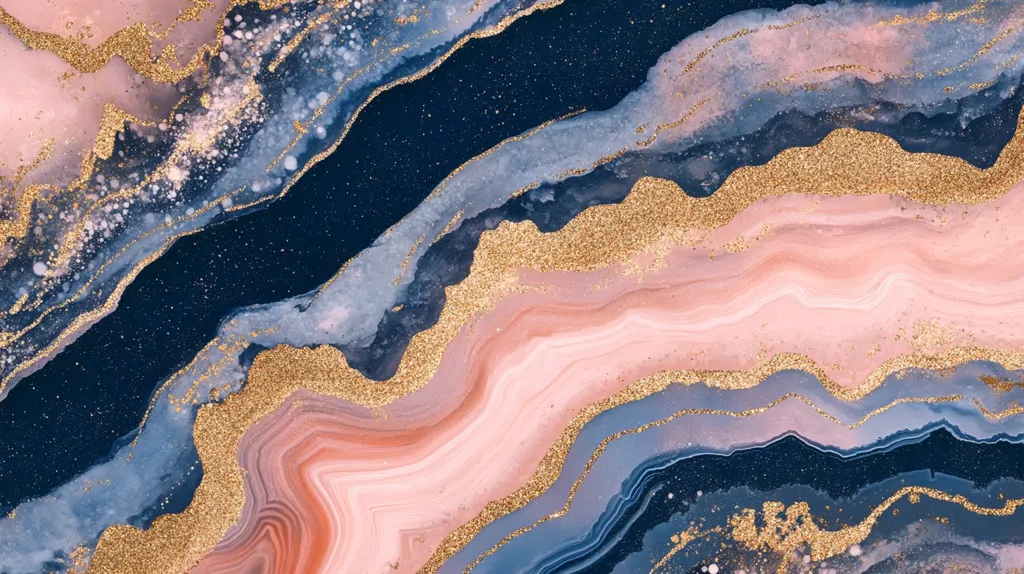 The image showcases an abstract painting with swirling patterns in shades of blue, pink, and white. The dominant color is a deep blue, interspersed with lighter blue and pink hues. The artwork is adorned with a layer of golden glitter, creating a sparkling and luxurious effect. The overall impression is one of fluidity and elegance.