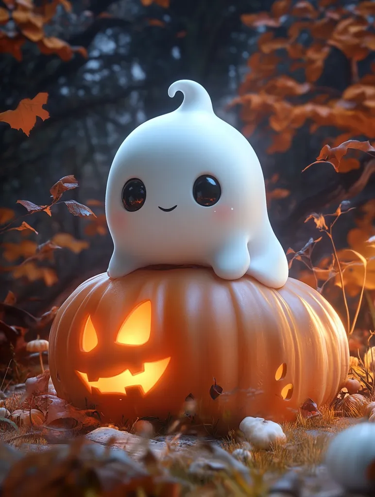 A cute, white ghost with big, black eyes and a friendly smile sits atop a glowing jack-o'-lantern. The scene is set in a forest, with autumn leaves scattered around the pumpkin. The warm glow of the jack-o'-lantern illuminates the scene, creating a whimsical and festive mood.