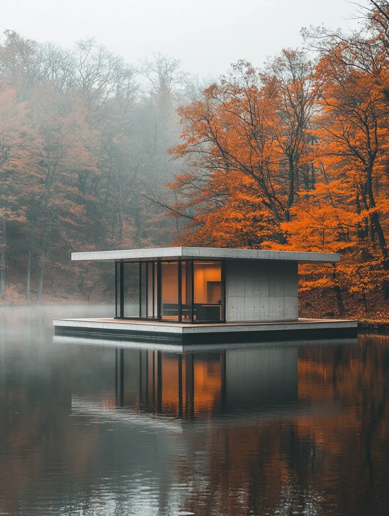 A modern, minimalist house sits on a placid lake surrounded by trees in a misty, autumnal setting. The house is made of concrete and glass, with large windows that offer views of the surrounding woods. The trees are a mix of green and orange, their leaves turning with the changing season. The house appears to be floating on the water, creating a sense of tranquility and peace. The misty air adds an ethereal quality to the scene.