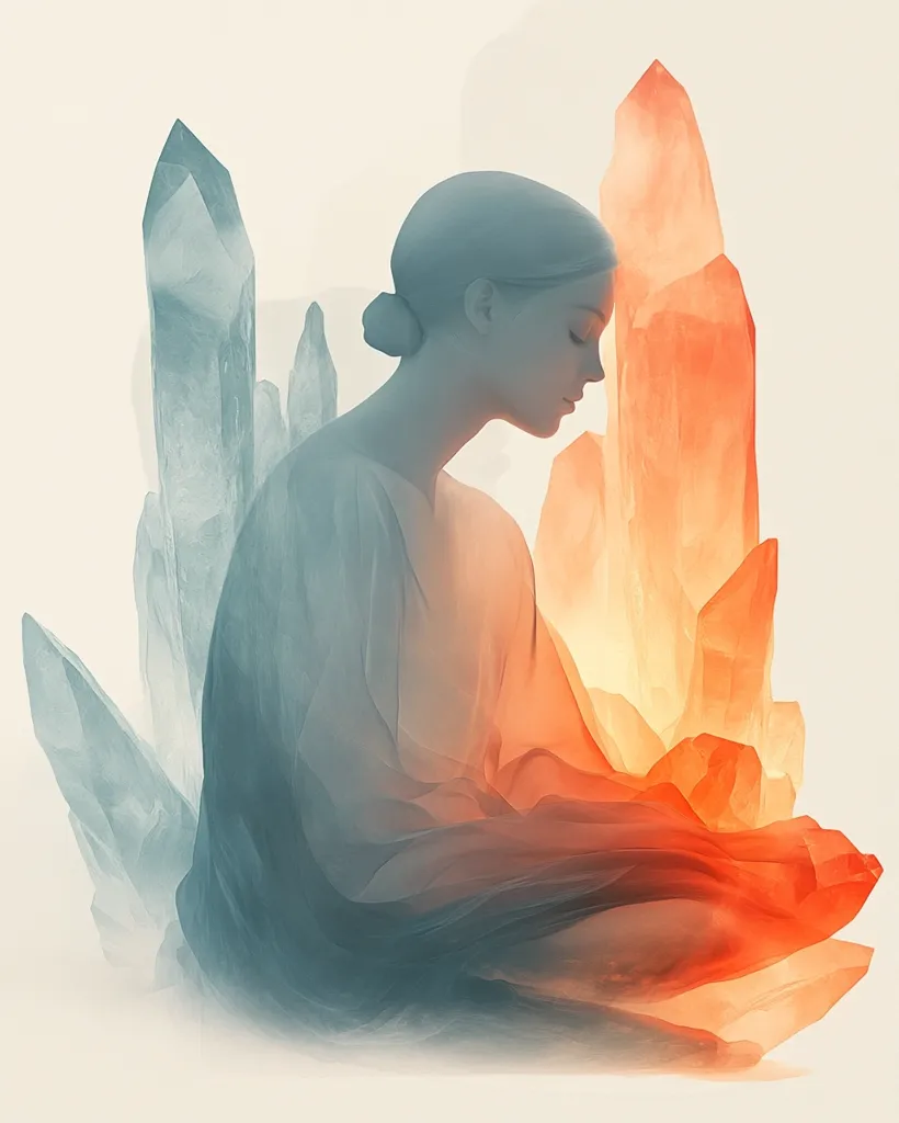 A woman with long hair, wearing a flowing robe, sits with her head bowed in front of large, crystal-like formations. The crystals are a mix of light blue and orange, creating a soft and ethereal atmosphere. The woman's pose suggests meditation or contemplation, while the crystals symbolize purity, power, and transformation. The image is both serene and enigmatic, evoking a sense of spiritual connection and inner peace.