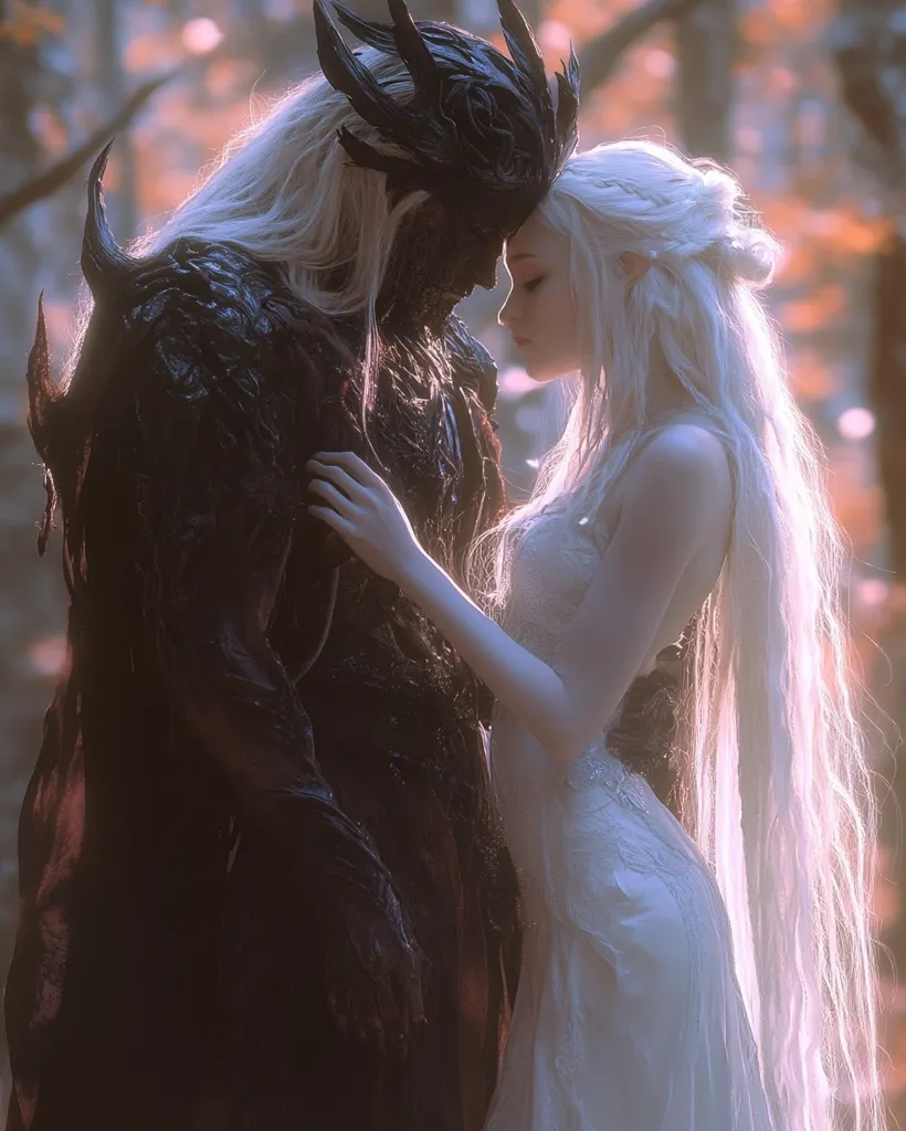 A dark, horned figure with long white hair and a black, textured suit stands close to a woman with long white hair and a white, flowing dress. They are standing in a forest setting with blurred out foliage and soft lighting. They appear to be looking at each other with a mix of love and longing.