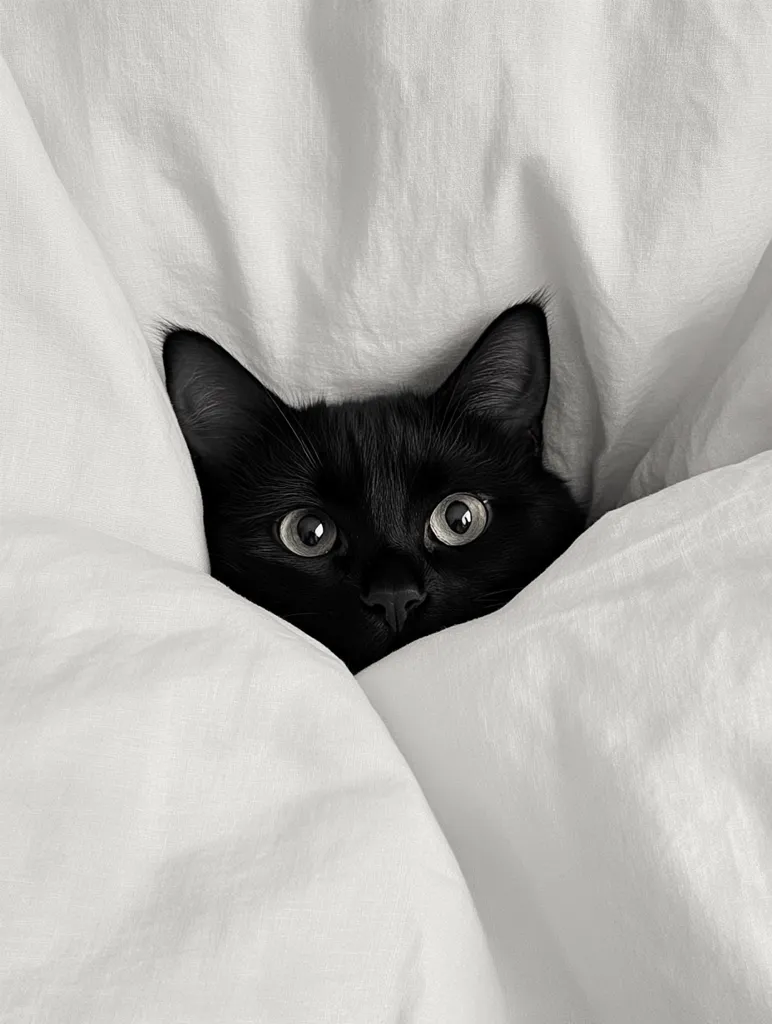 A black cat with big, round eyes peeks out from under a white blanket. The cat's fur is sleek and shiny, and its eyes are bright and alert. The blanket is soft and fluffy, and the cat seems to be enjoying its cozy spot. The image is simple and elegant, with a focus on the cat's playful personality. The contrast between the black fur and the white blanket creates a visually appealing image.