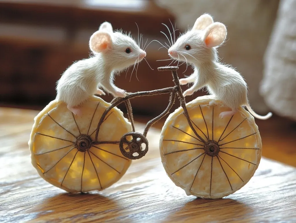 Two white mice are riding a miniature bicycle made of twigs and woven material. The bicycle has two wheels, each of which is a circular piece of food, possibly a cracker or a cookie. The mice are positioned on the wheels as if they are riding. The scene is captured from a bird's eye view, highlighting the mice's playful interaction with the tiny bicycle. The background is blurred, emphasizing the mice and the bicycle.