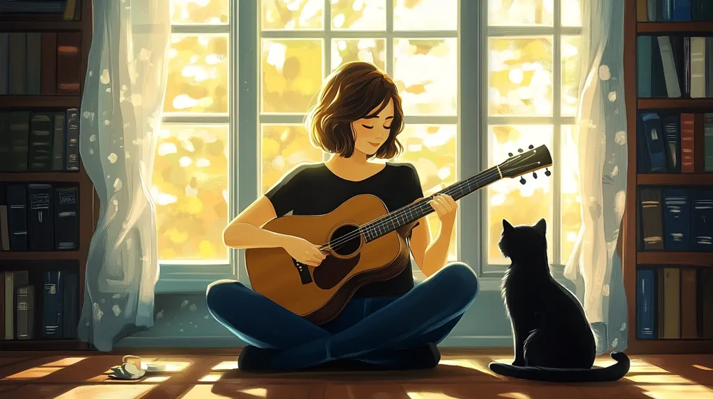 A young woman sits by a window playing an acoustic guitar. The sunlight streams through the window, illuminating the room and casting a warm glow on her. She is wearing blue jeans and a black t-shirt. A black cat sits beside her, watching intently. The room is cozy and filled with bookshelves.