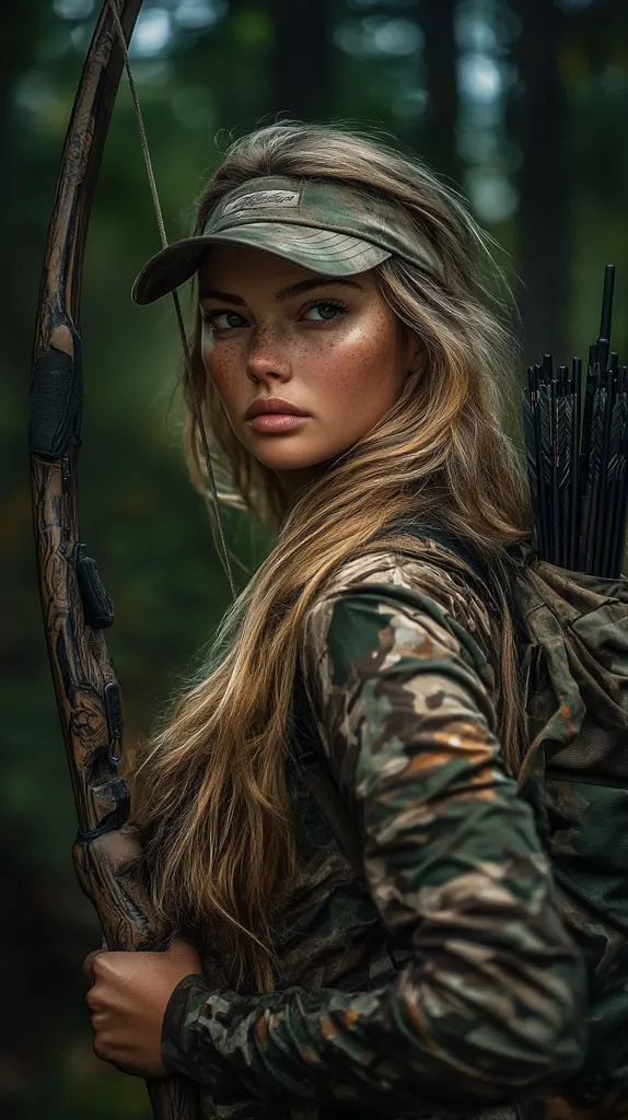 A young woman with long blonde hair, wearing a camo shirt and a baseball cap, holds a bow and arrow in a forest setting. The image is dark and moody, highlighting the woman's determined expression and the natural beauty of the surrounding woods. The composition focuses on the woman and her weapon, suggesting a sense of power and readiness.  The background blurs out, emphasizing the woman as the central subject.